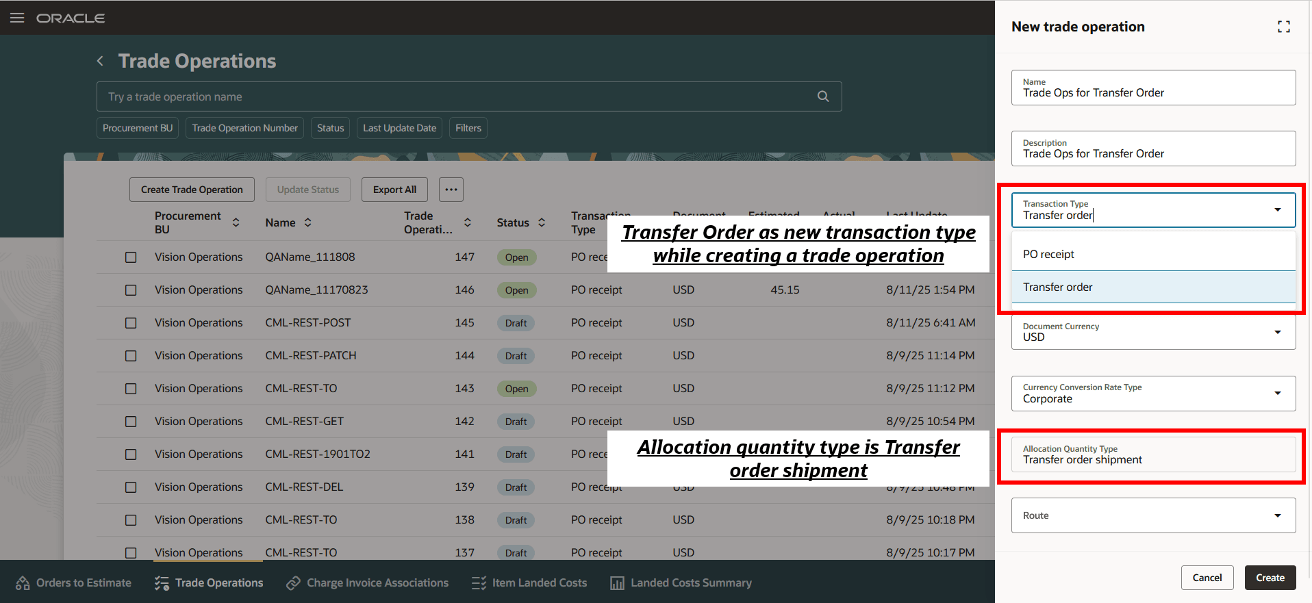 Create trade operations screen