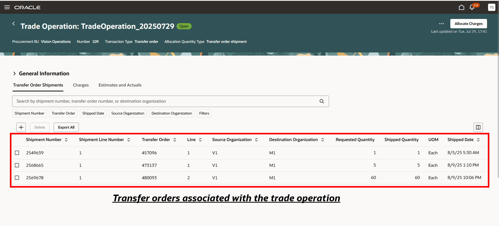 Edit trade operation screen