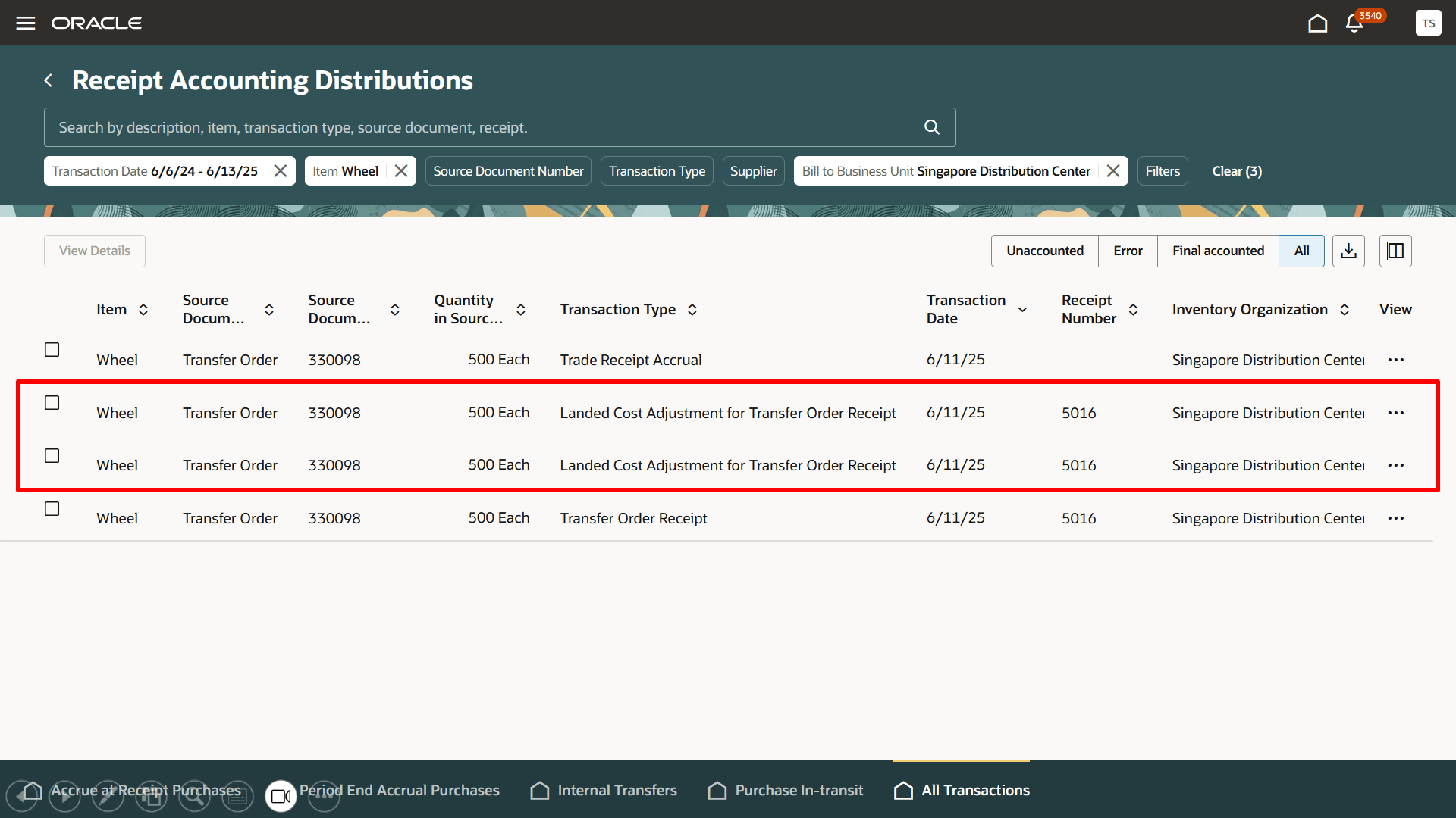 Receipt Accounting Distributions page