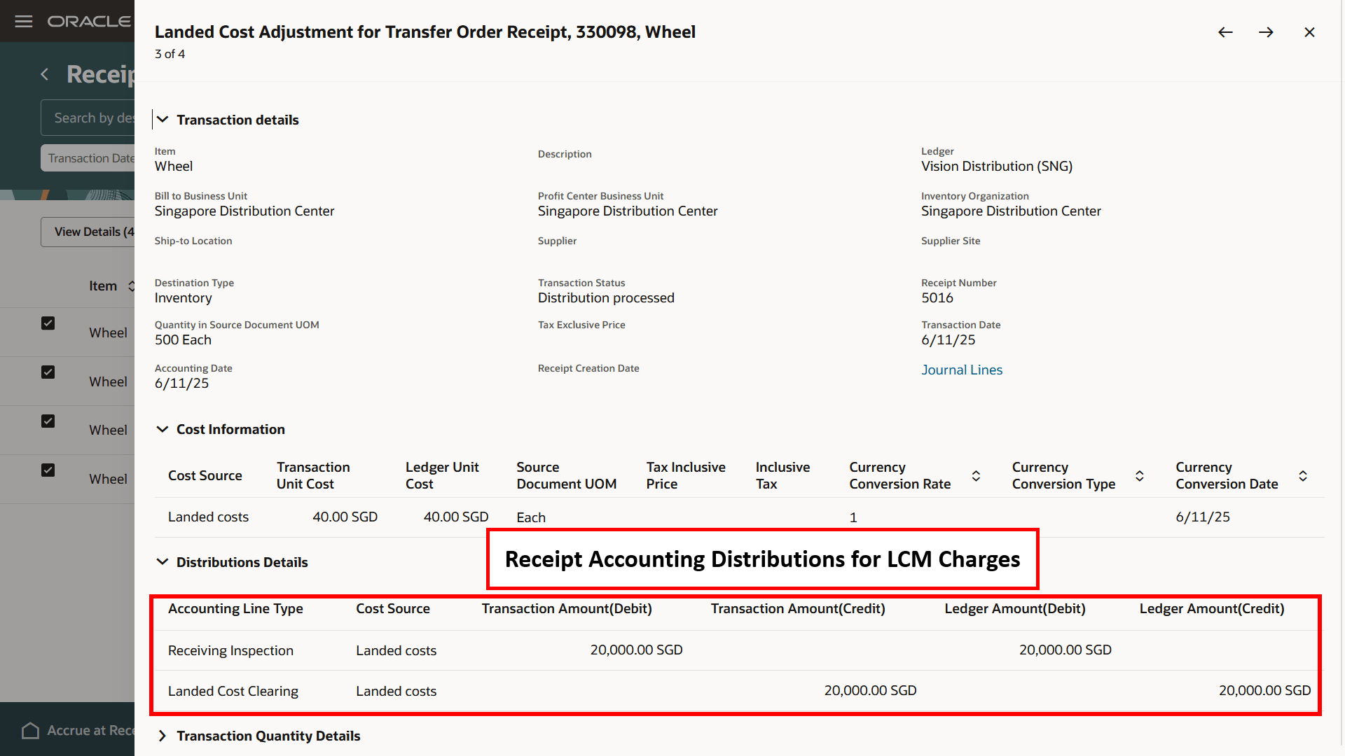 Receipt Accounting Distributions for Landed Cost Charges