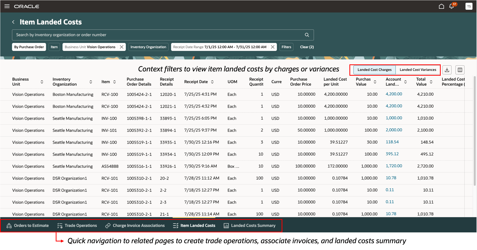 Figure 1: View Item Landed Costs Charges