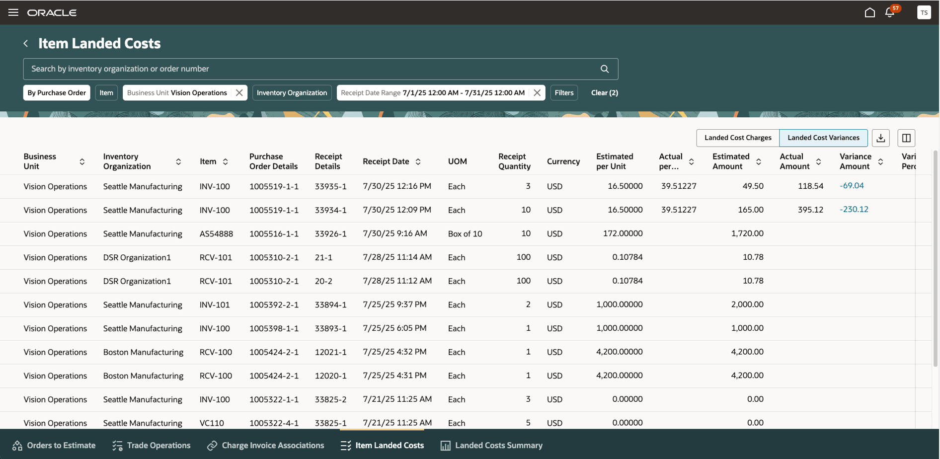 Figure 2: View Item Landed Costs Variances