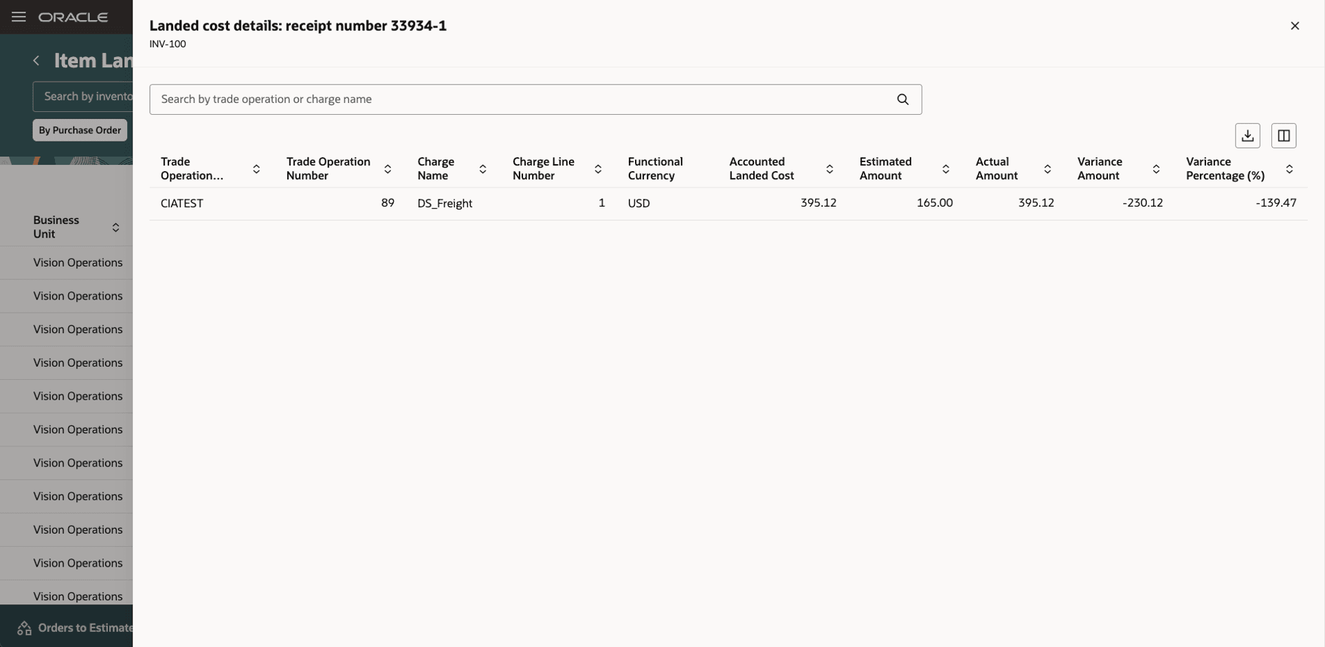 Figure 3: Landed Cost Details for a Receipt