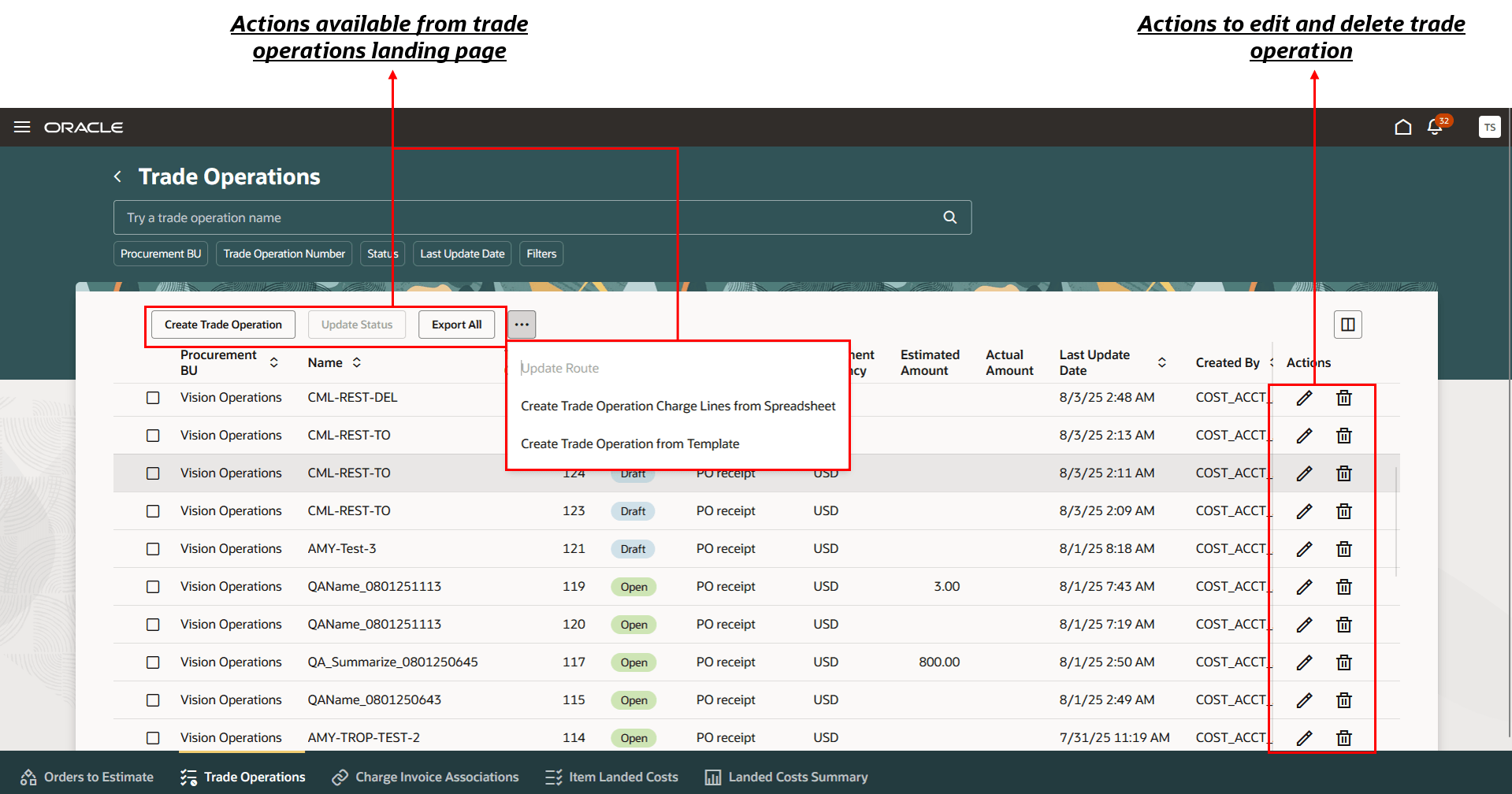 Trade operations landing page