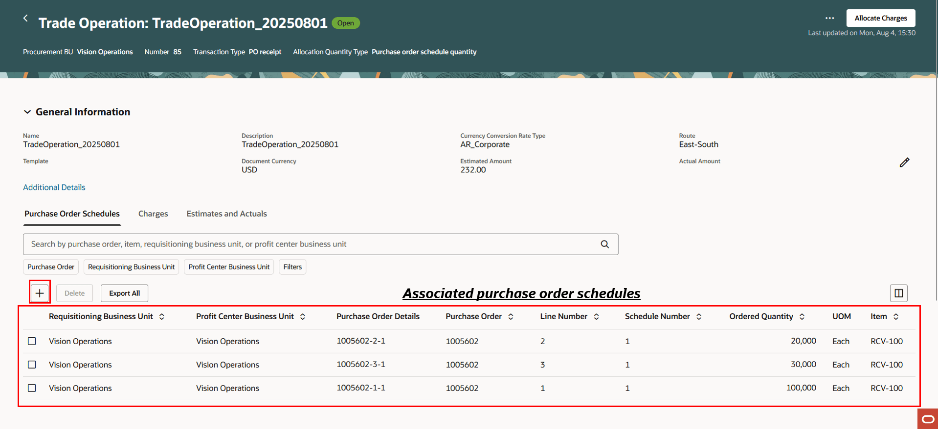 Purchase order schedule tab inside the trade operation