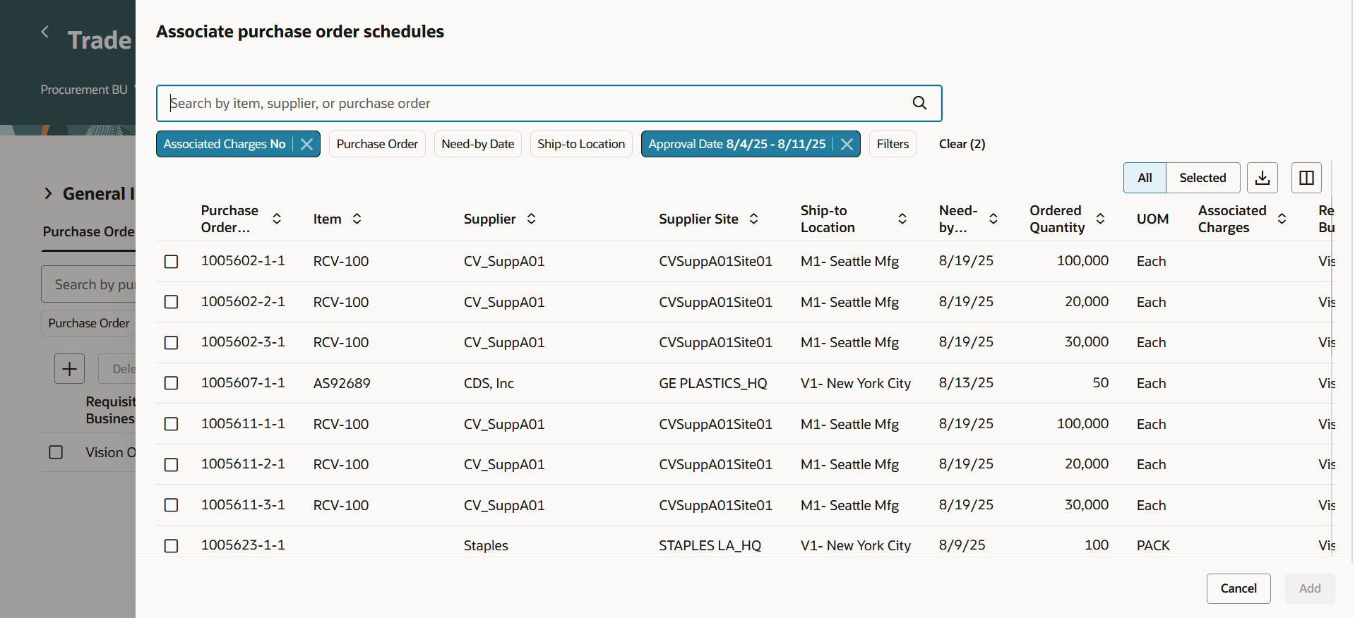 Associate purchase order schedule to the trade operation