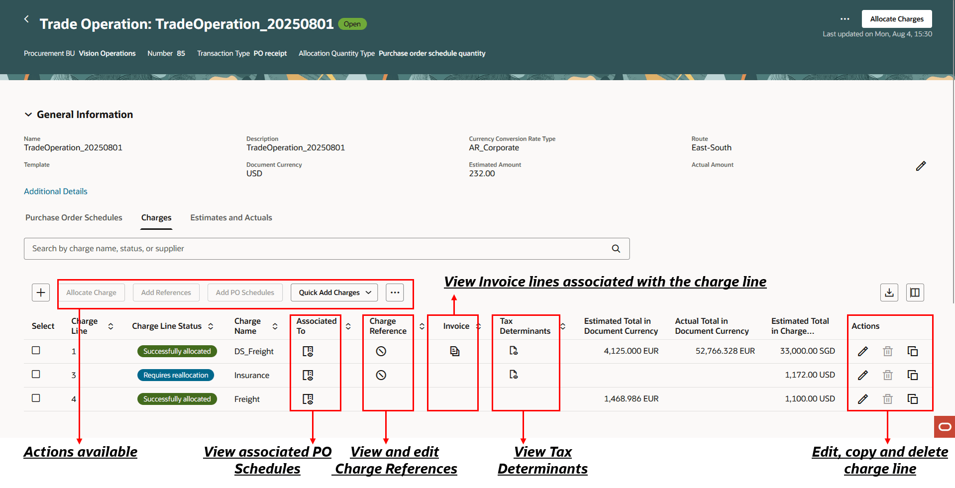 Charges tab inside the trade operation