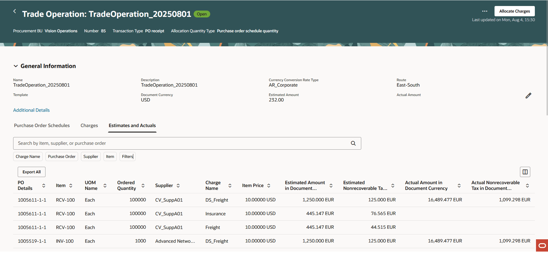 Estimates and actuals tab inside the trade operation