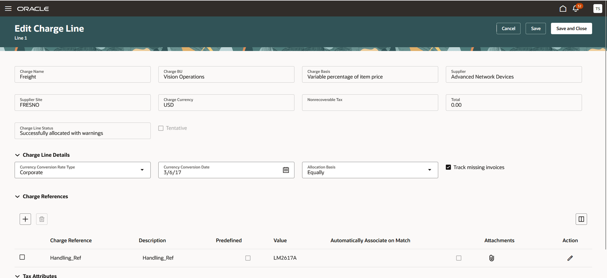 Create and edit charges page