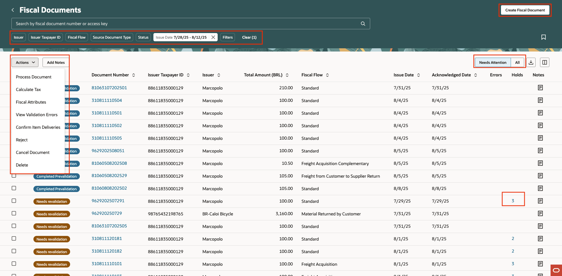 Figure 1: Fiscal document search page with inline actions and filters.