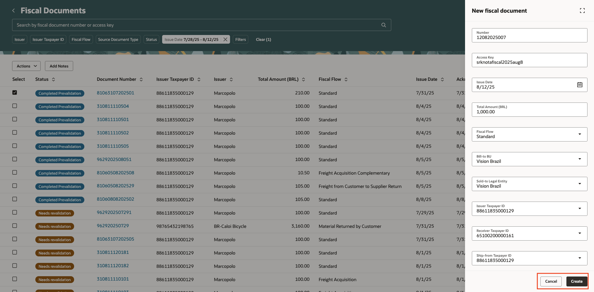 Figure 2: Create fiscal document page.