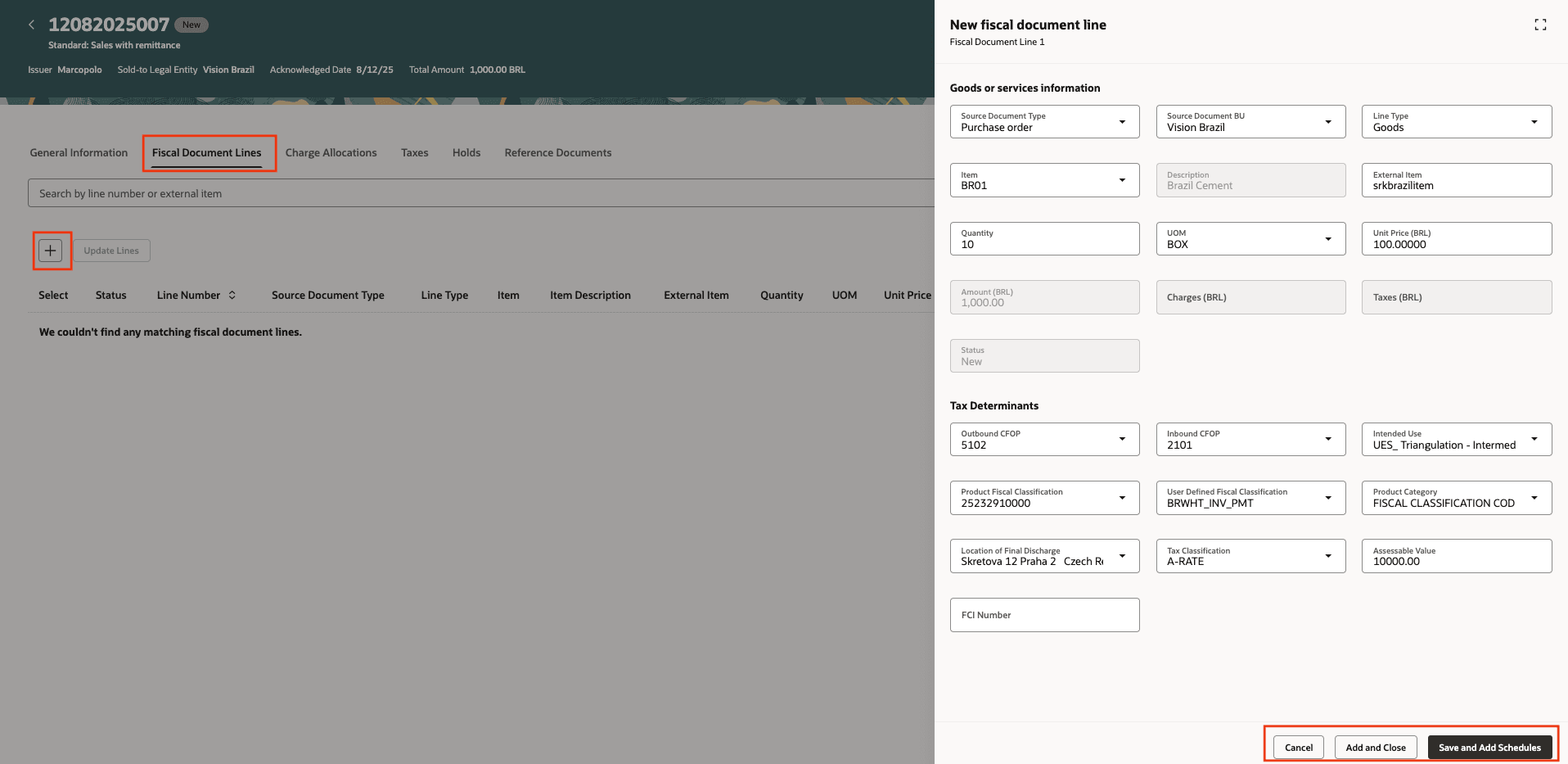 Figure 4: Enter a new fiscal document line.