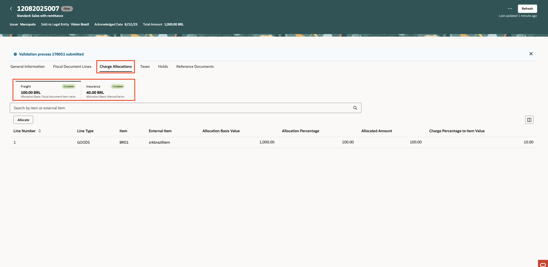 Figure 6: Allocated charges to the fiscal document with request for validation.