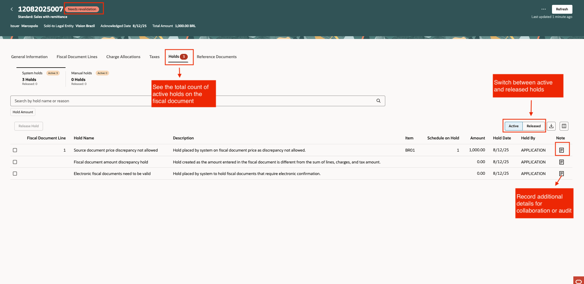 Figure 7: Review and supported actions for holds created while processing fiscal document.