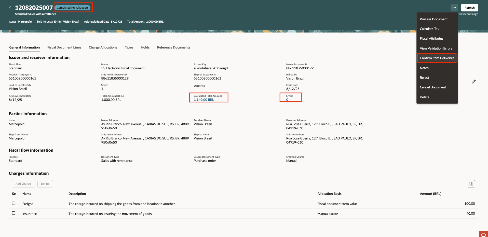 Figure 8: Fiscal document in complete prevalidation status available for confirming item deliveries.