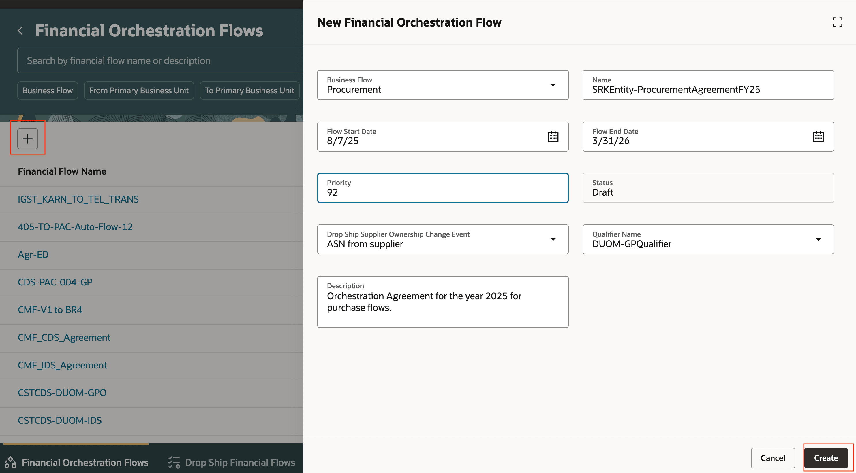 Figure 2 - Create a new Financial Orchestration Flow with basic details.