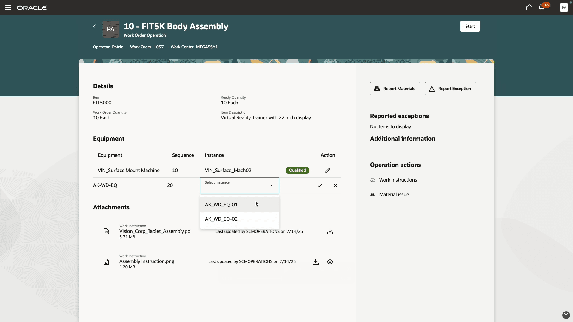 View details of the work order operation and qualify equipment prior to starting execution