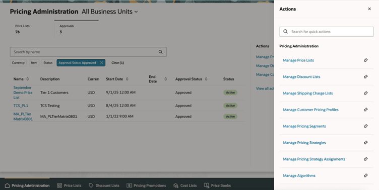 List of actions available from the Pricing Administration's new landing page.