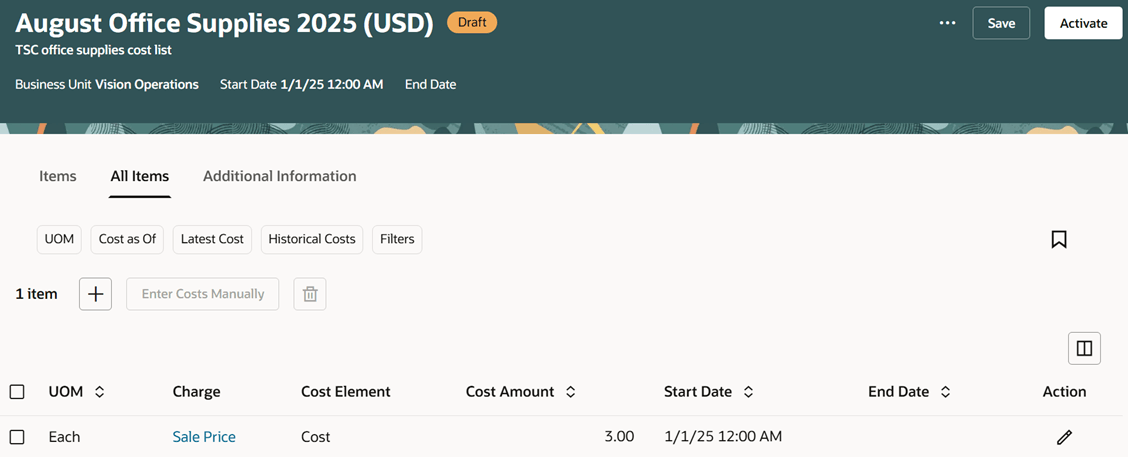 Click All Items to set up cost across all items in the cost list.