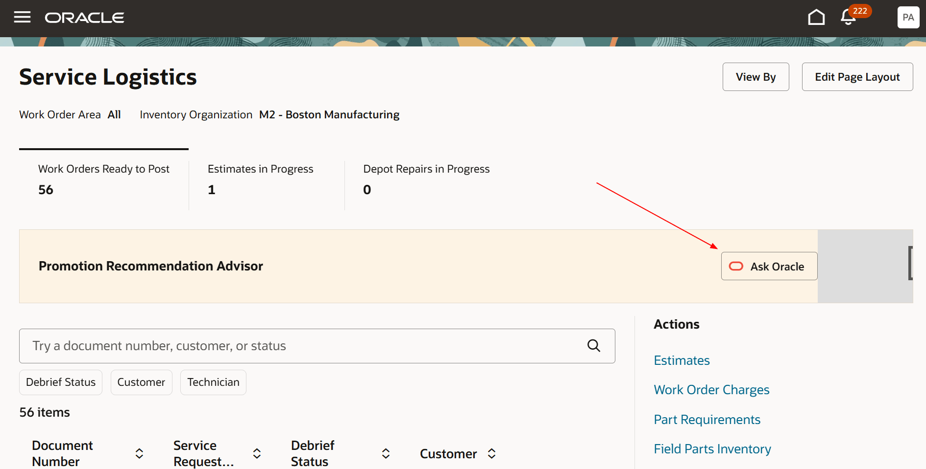 This is an example where the Promotion Recommendation Advisor can be launched from the Service Logistics landing page.