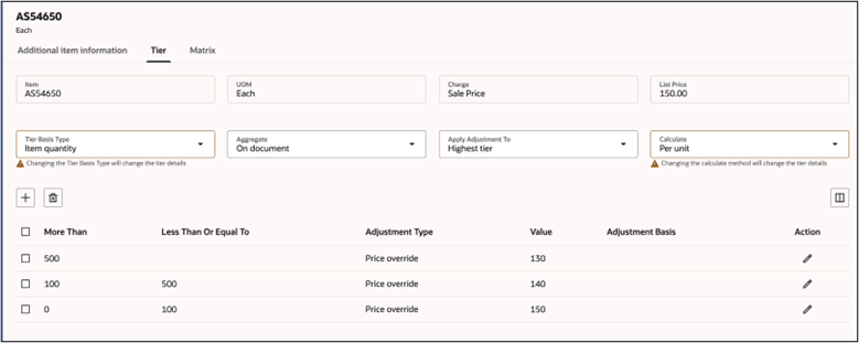Assign tiered prices to items on your price list