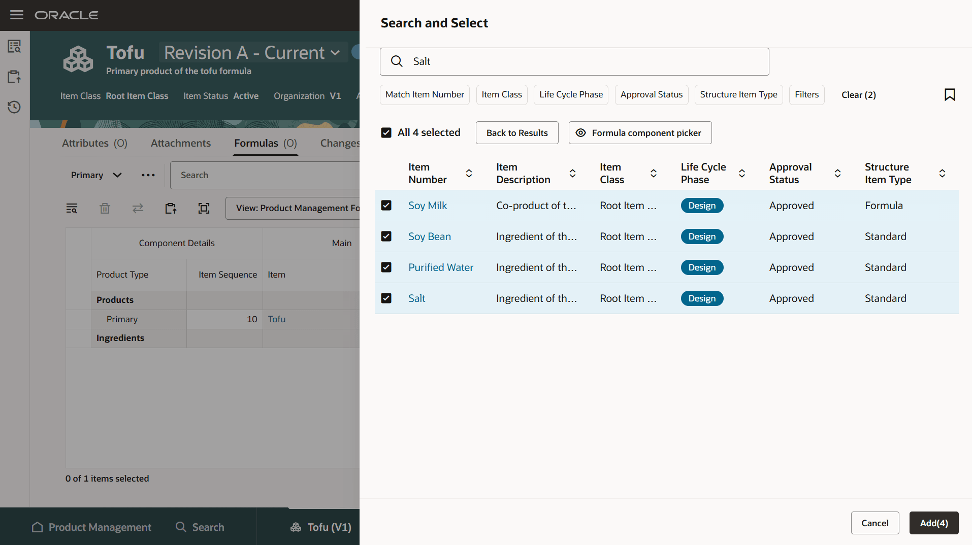 Use Show Selected to Review Selected Products and Ingredients Prior to Adding to a Single Level Formula 