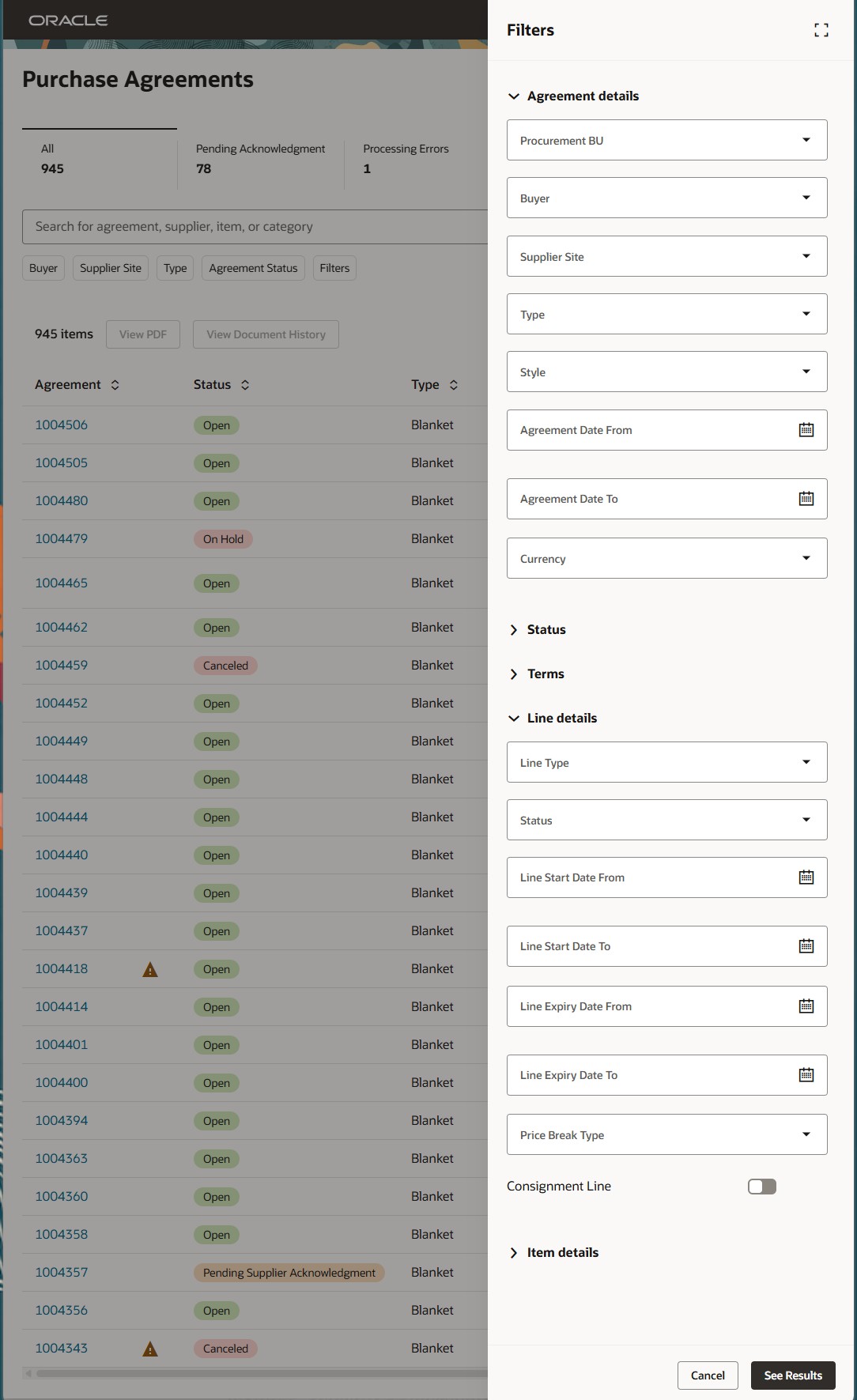 Additional filters for supplier purchase agreements