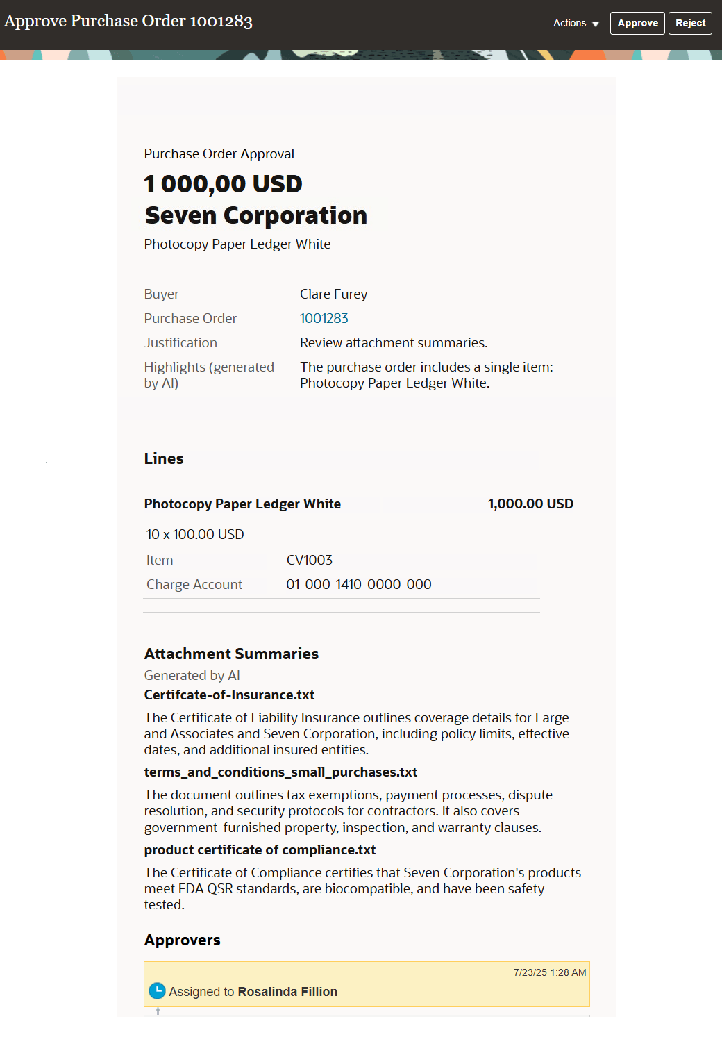Purchase order approval notification