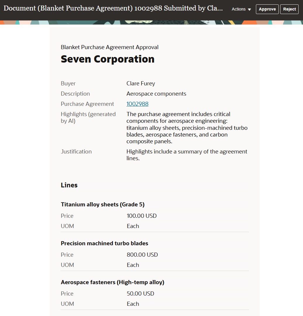 Blanket purchase agreement approval notification