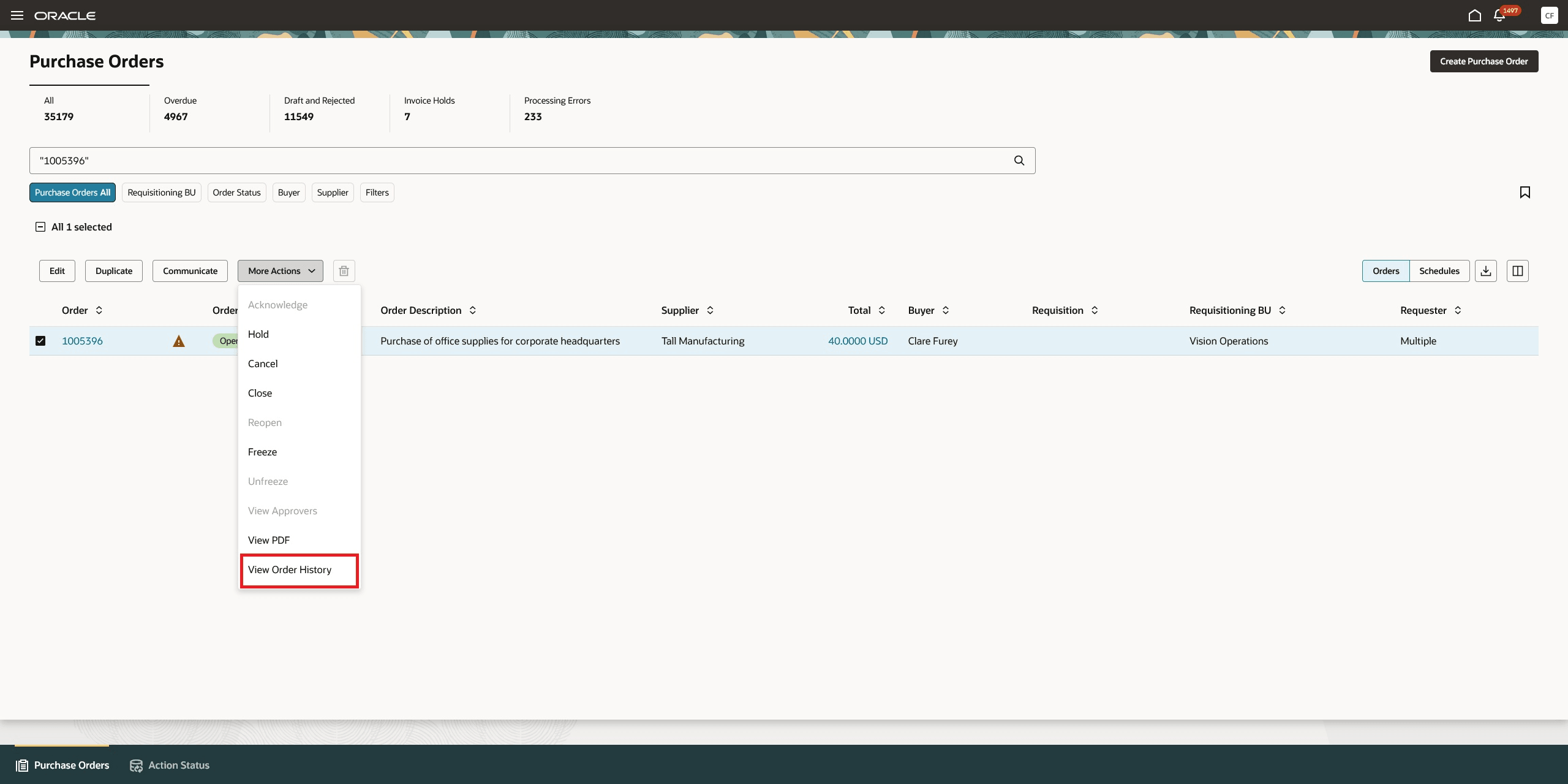 View Order History Action on Redwood Purchase Orders Page