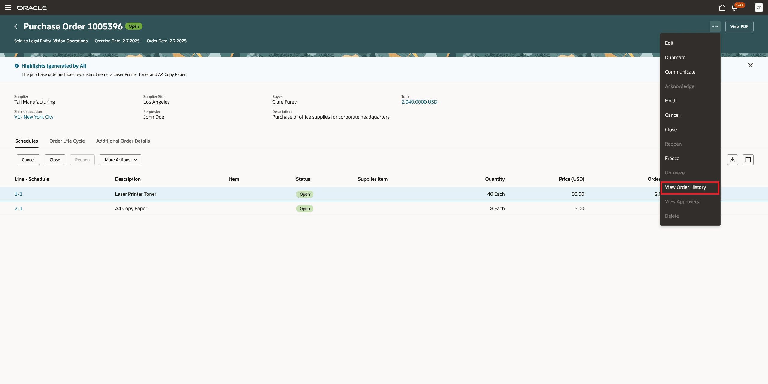 View Order History Action on View Purchase Order Redwood Page