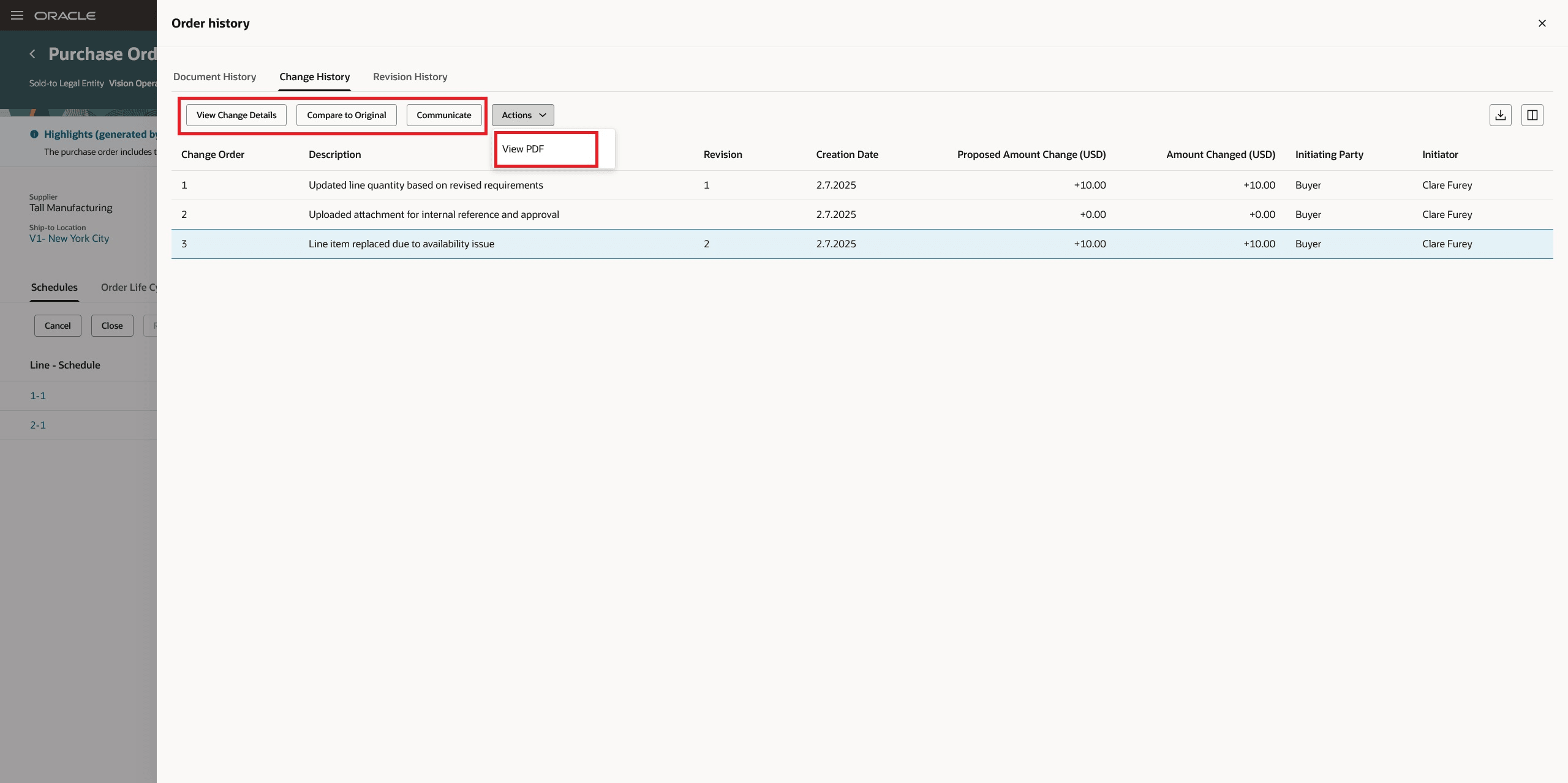 Actions on Change History Tab