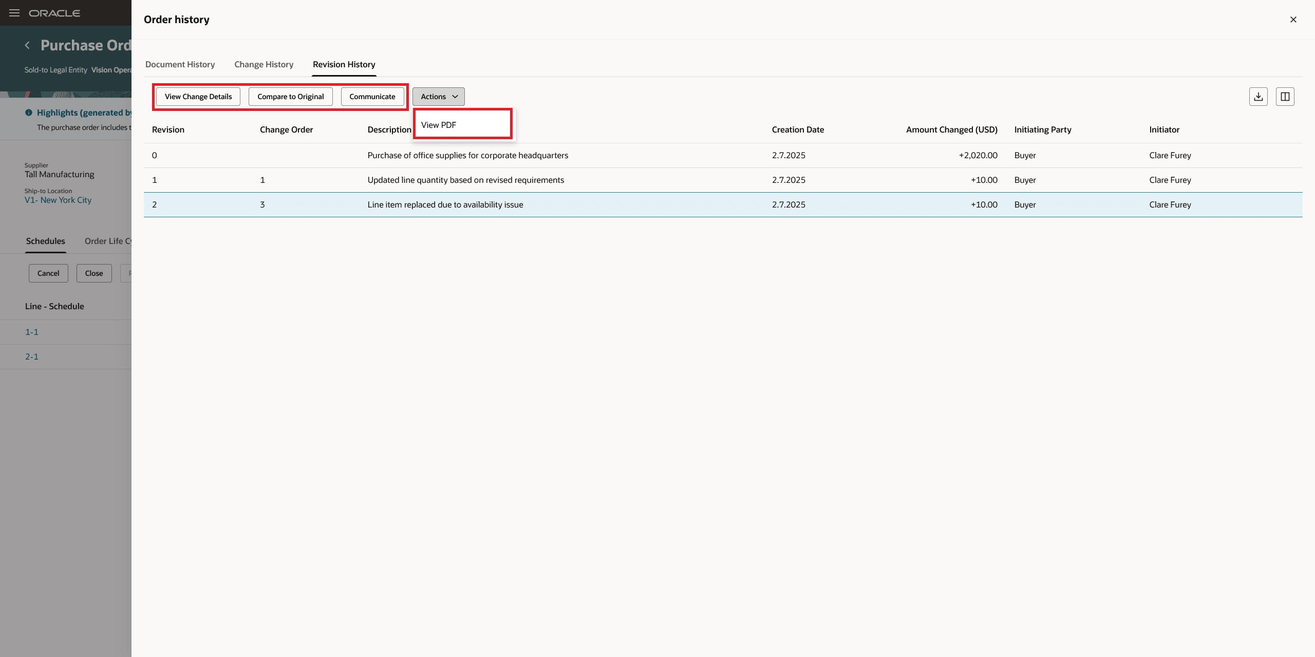 Actions on Revision History Tab