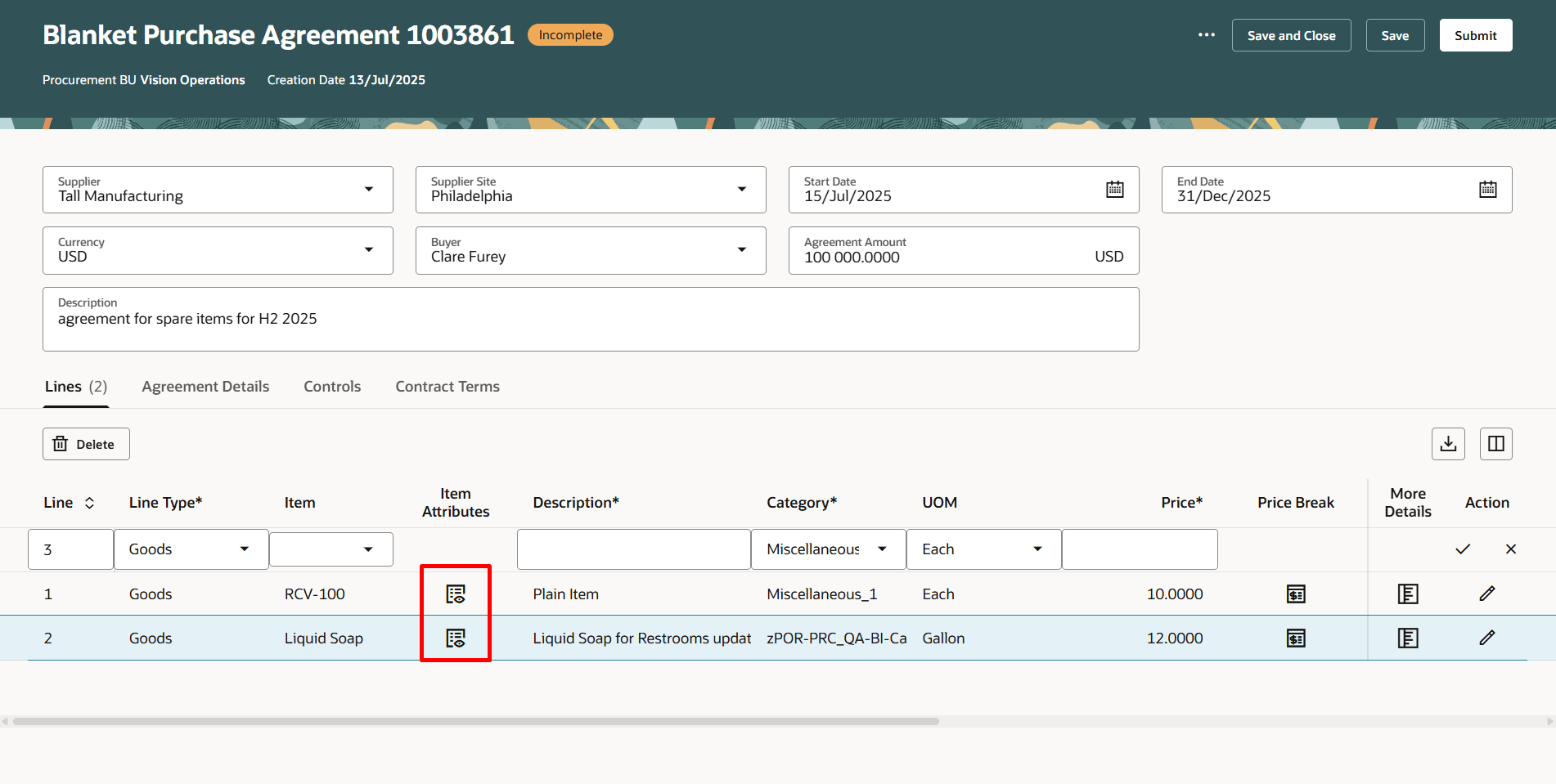 Use Icon to View the Item Attributes for the Agreement Line