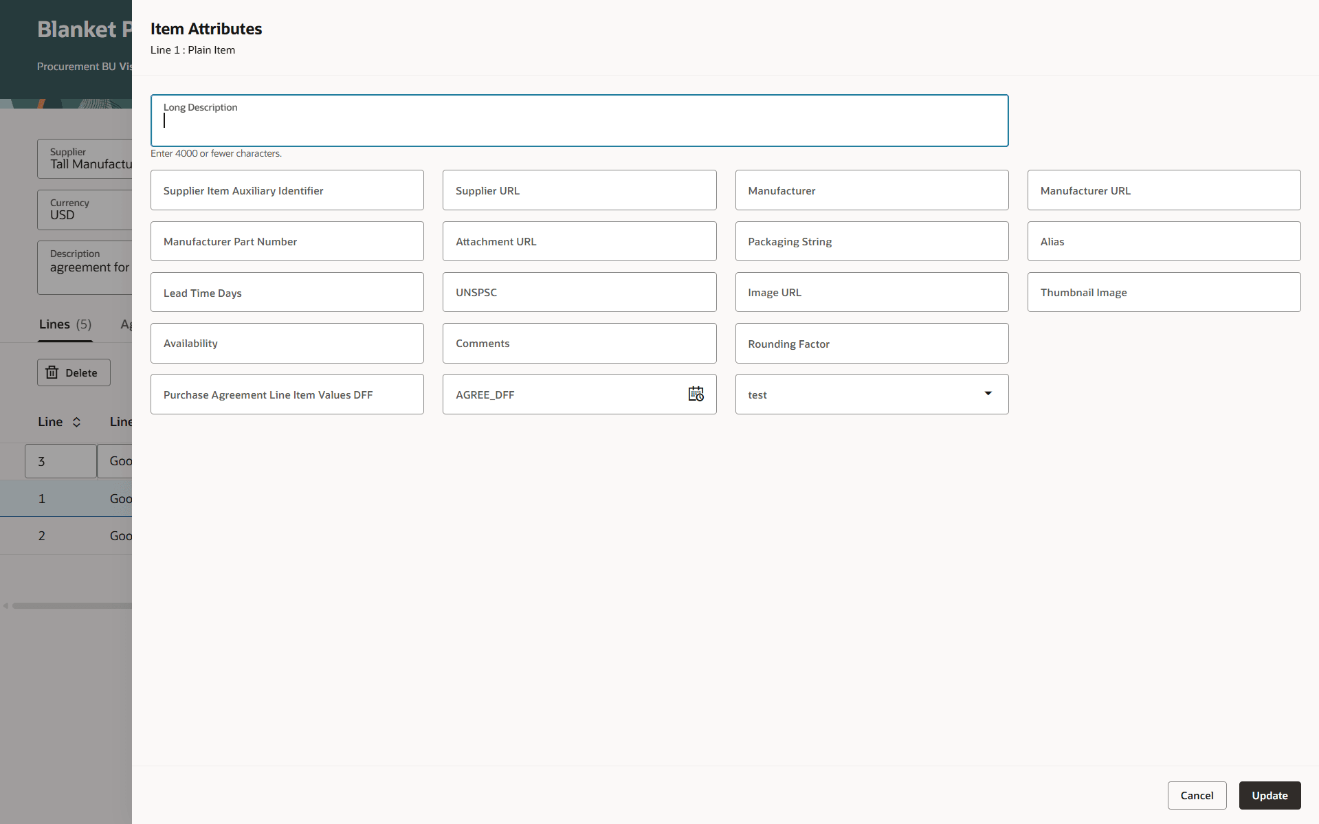 Enter Item Attributes for the Agreement Line