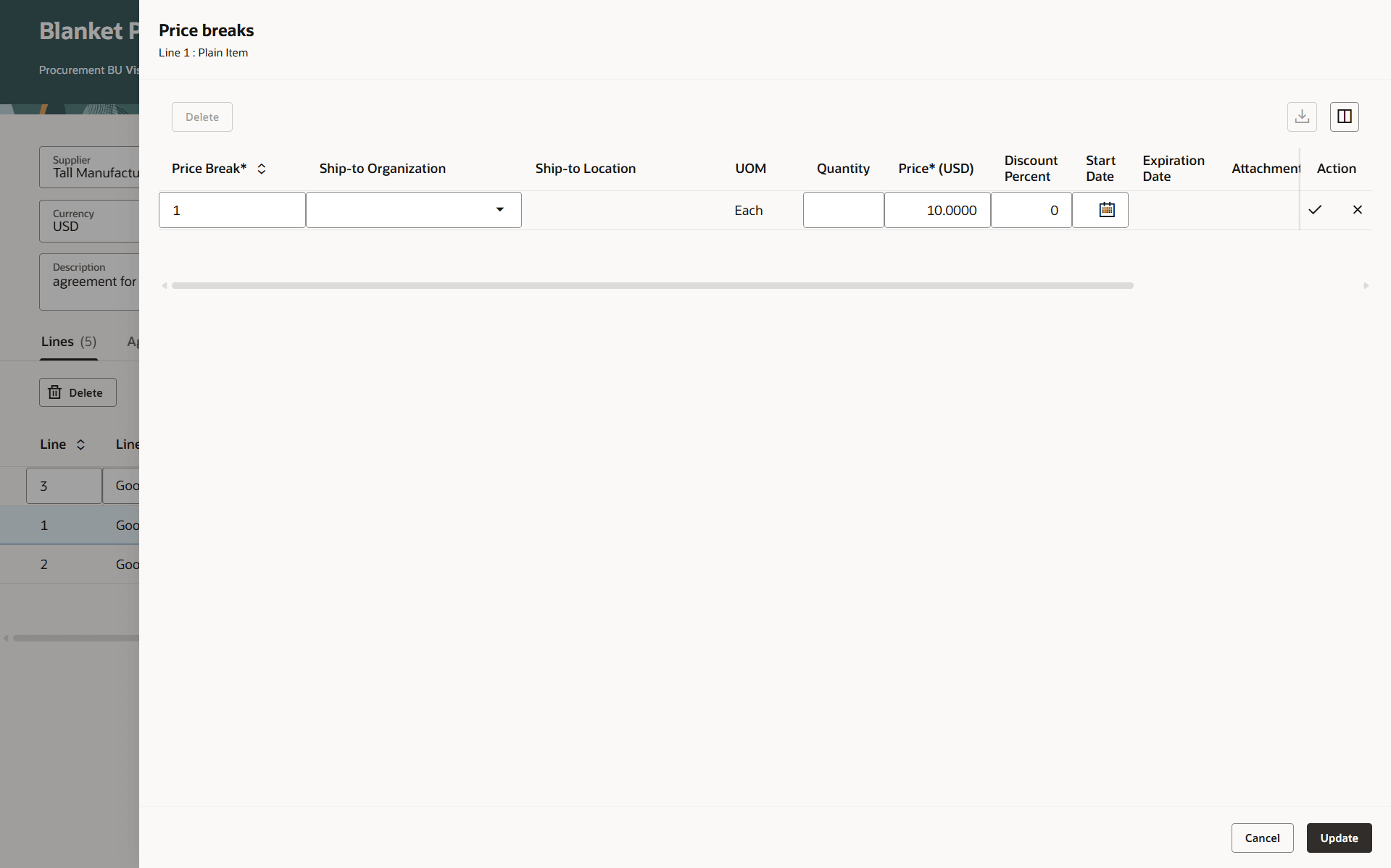 Enter Price break Attributes for a purchase agreement line. Empty Default Row in the Purchase Agreement Lines Tab with the Row-Level Check Mark and Cross Icons