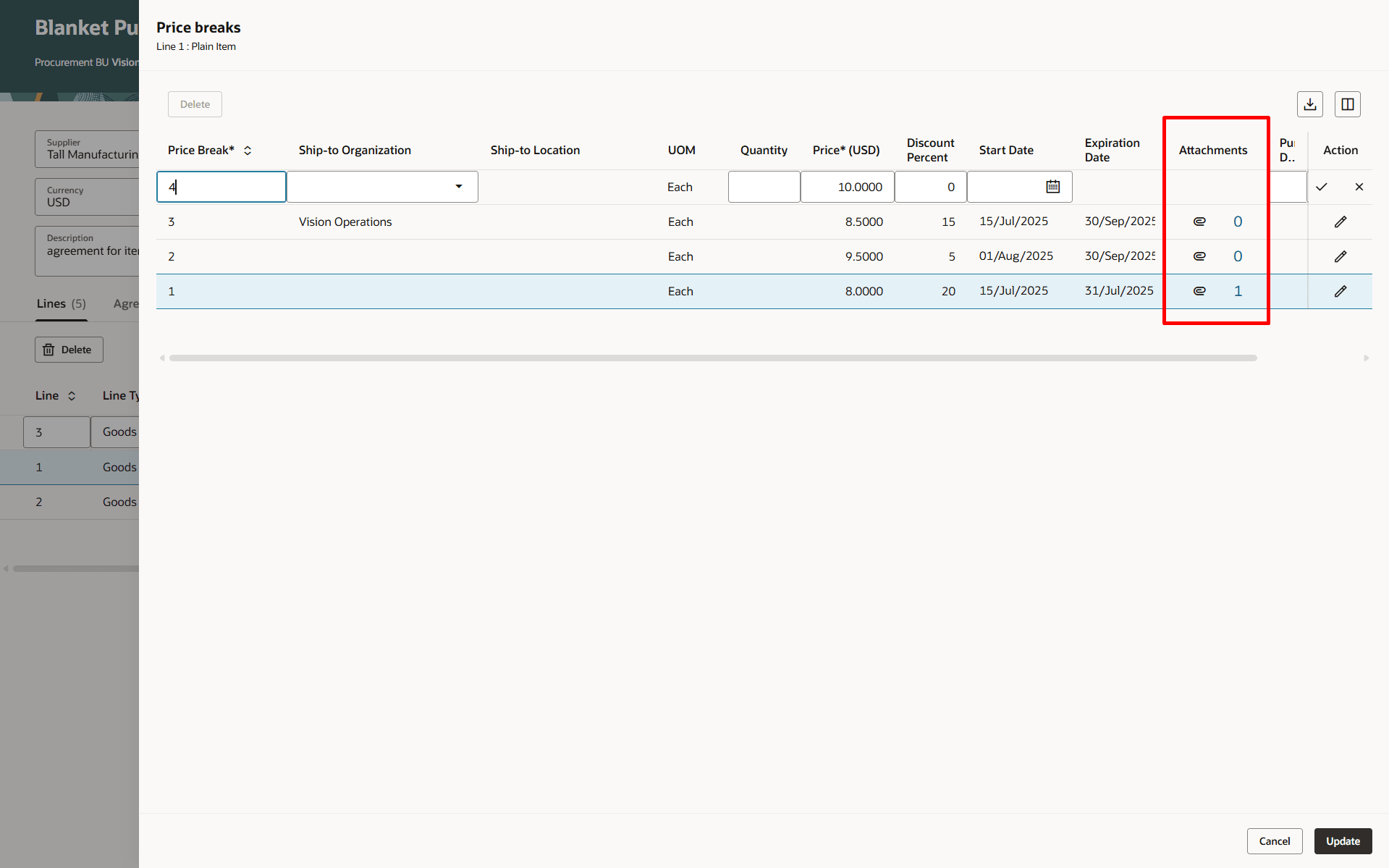 Use number of attachments number to navigate to the view and add attachments for price break row