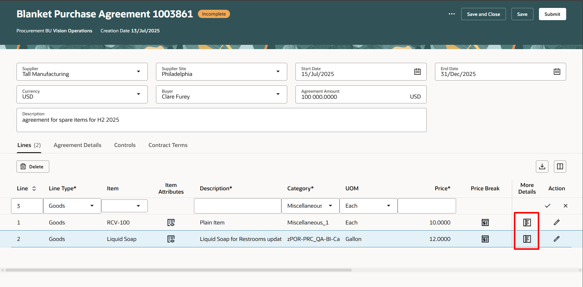 Use Icon to View the More Details For the Agreement Line