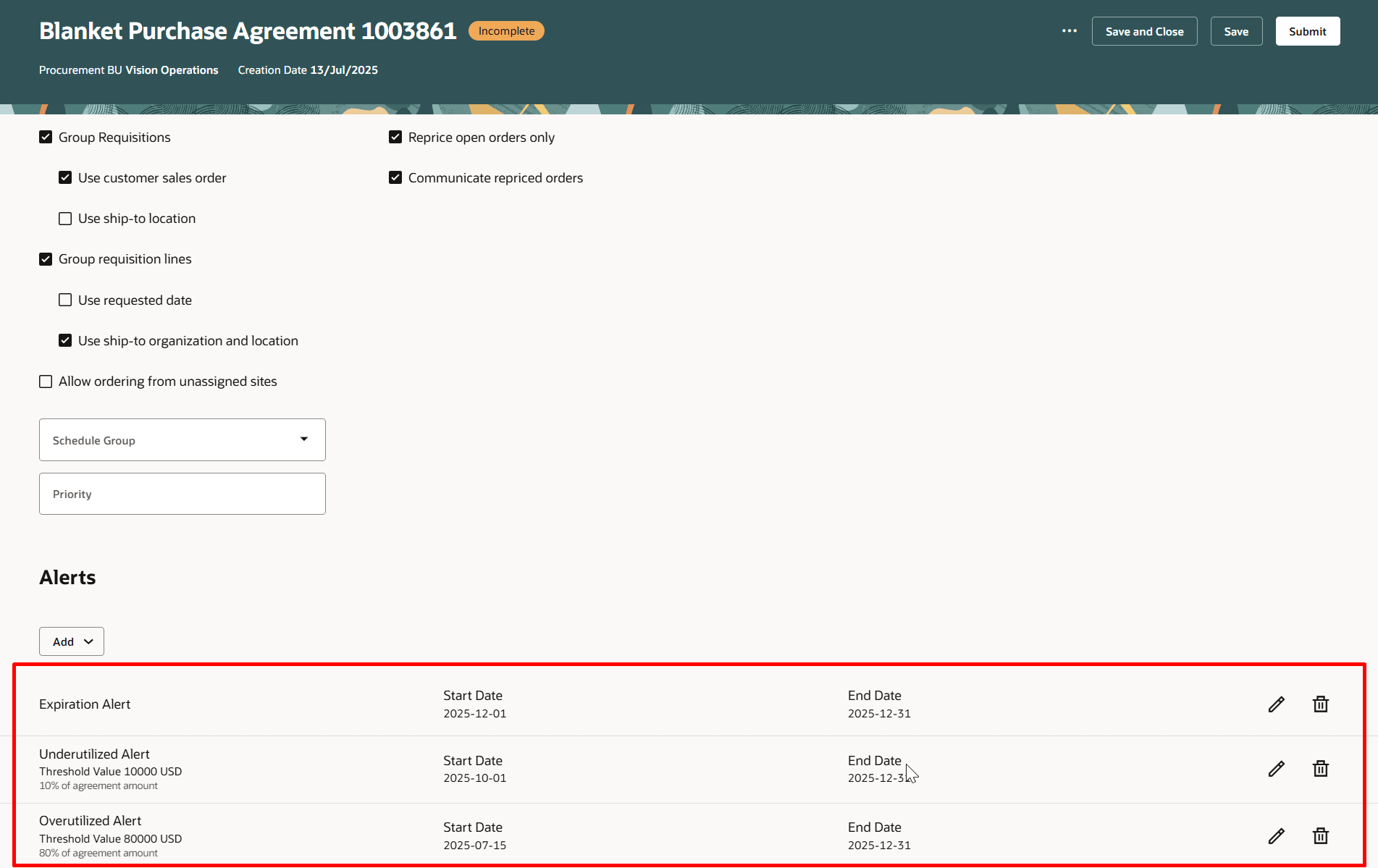 Purchase Agreement Configured with Expiration, Overutilized and Underutilized Alerts