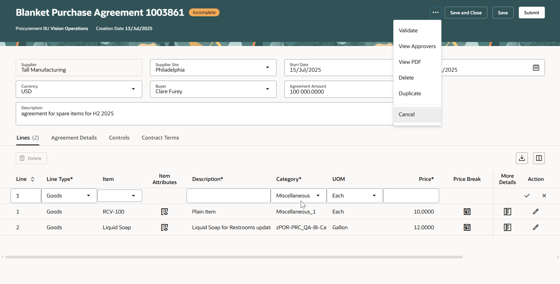 Purchase Agreement Actions on Edit Page