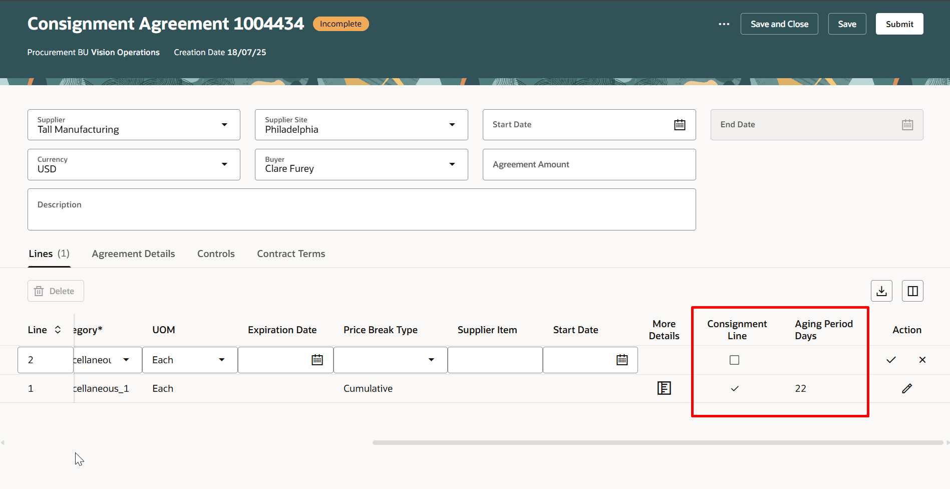 Consignment Line Checkbox and Aging Period Days Consignment Agreement Line