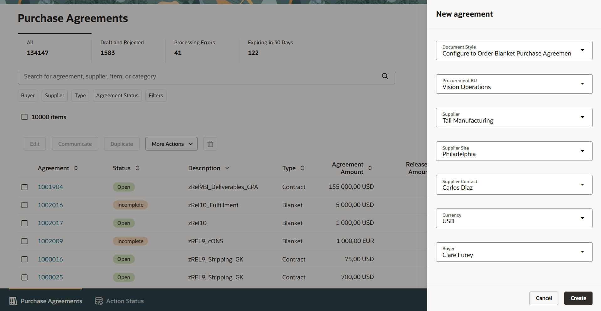 Select Document Style in the Create Puchase Agreement Drawer Which Has Configuration Ordering Enabled