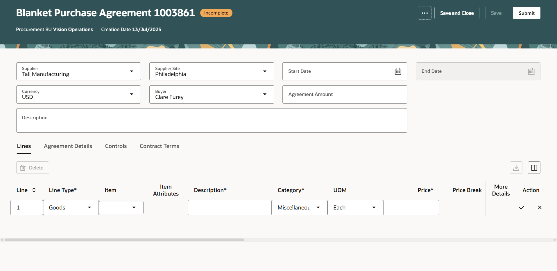 Enter Purchase Agreement Header Attributes in the edit purchase agreement page