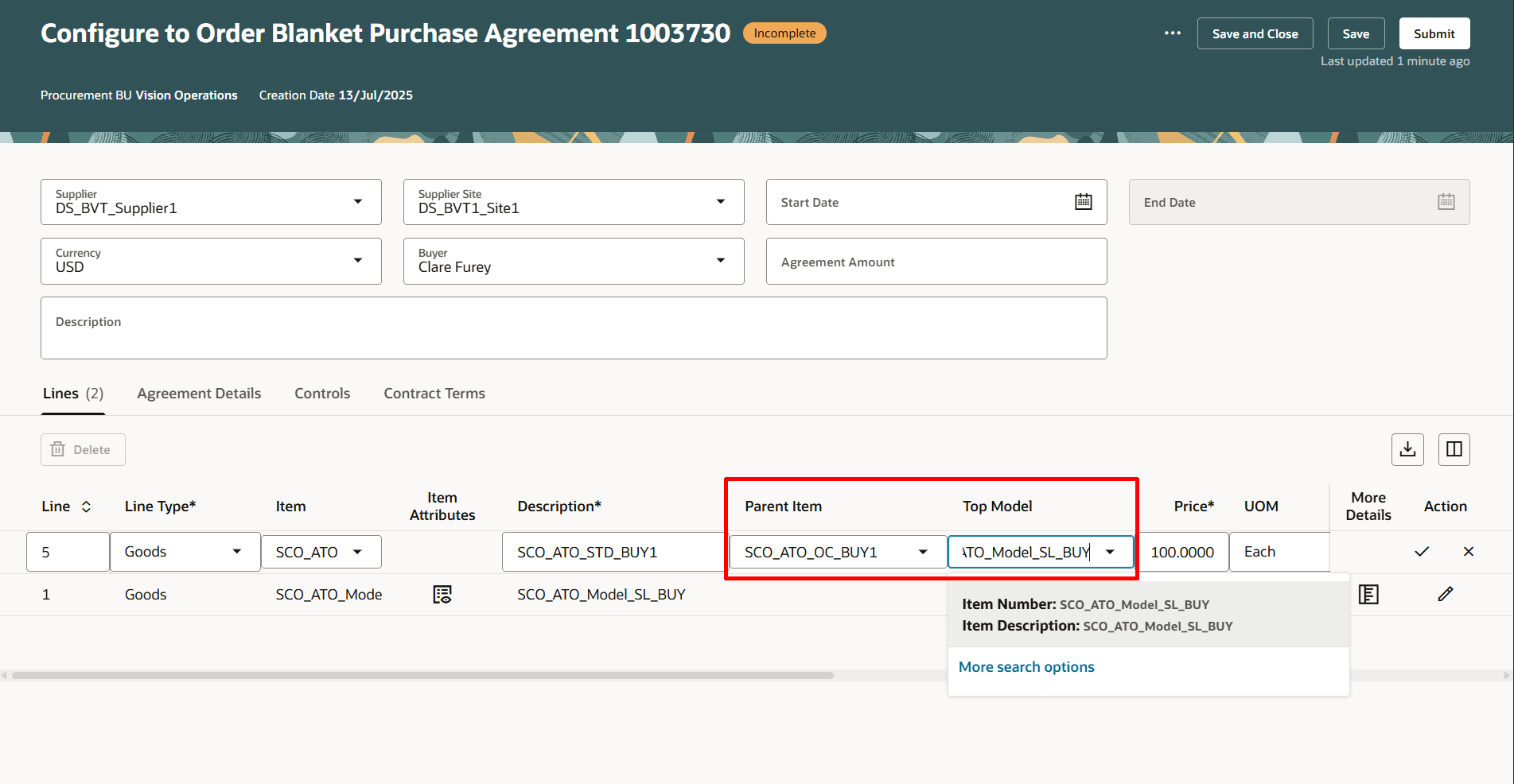 Enter Parent Item And Top Model On a Configuration To Order Agreements