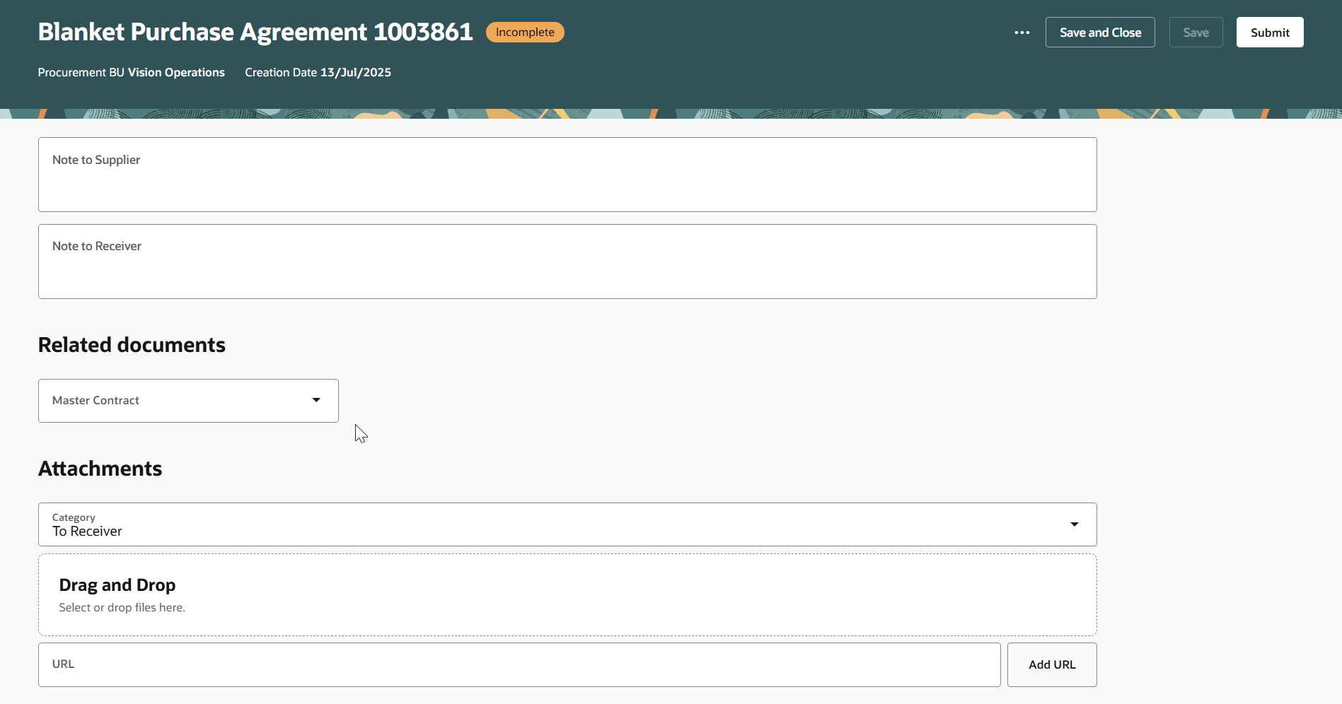 Use Notes, Related documents and Attachments to Add in Purchase Agreement.