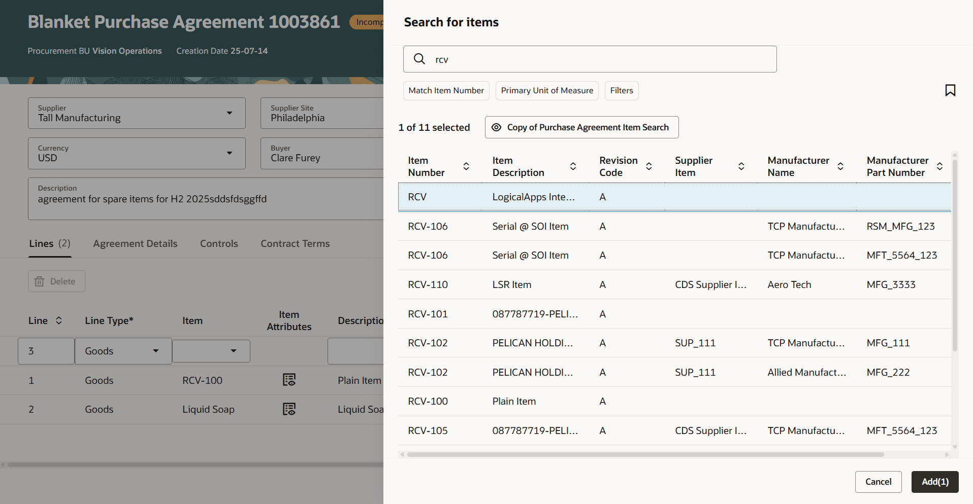 New Search View Configured by Duplicating the Predefined Purchasing Item Search View to Show Manufacturer and Manufacturer Part Number in Search Results