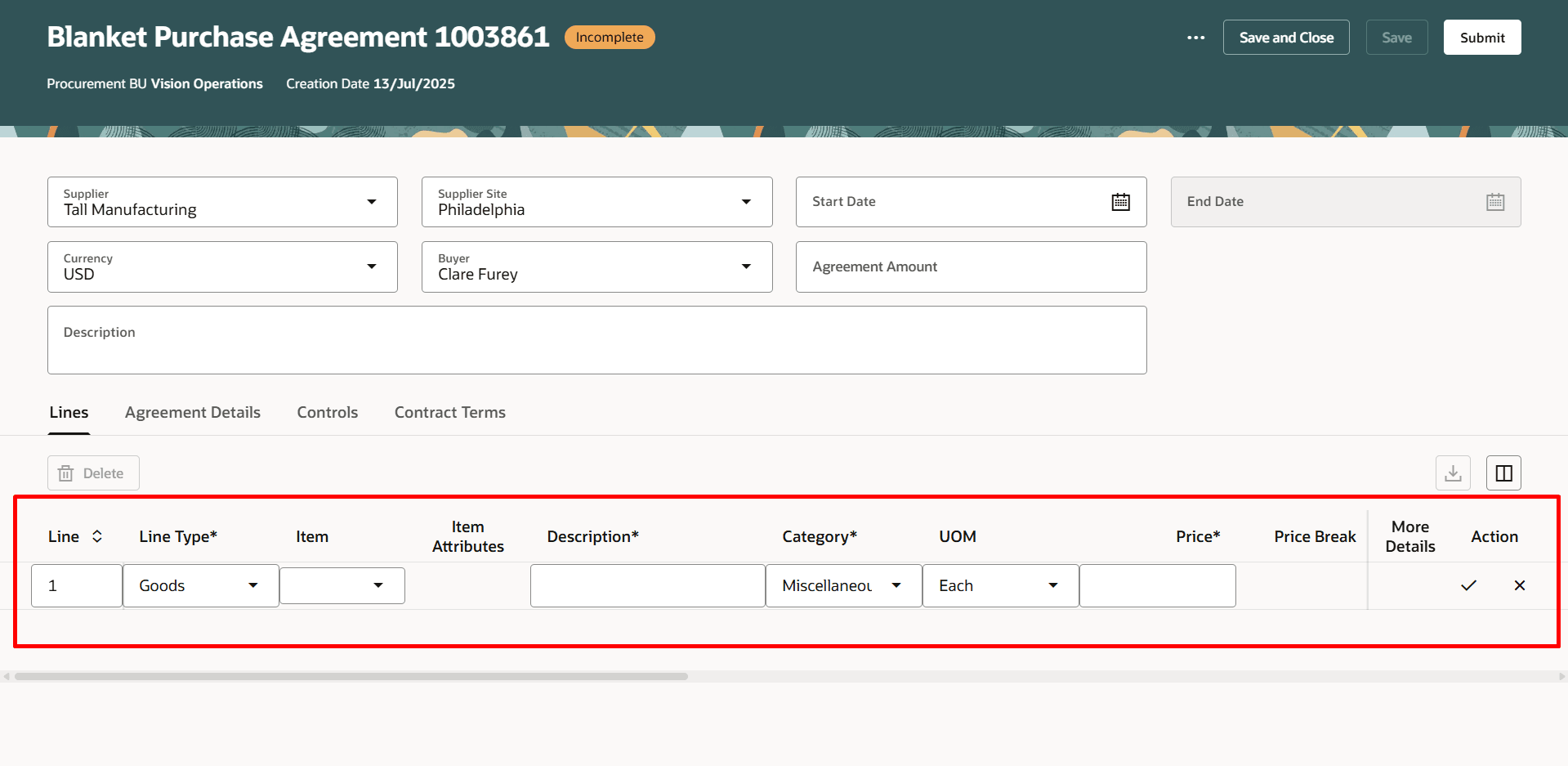 Empty Default Row in the Purchase Agreement Lines Tab with the Row-Level Check Mark and Cross Icons