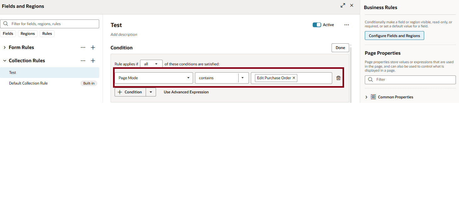 Selecting Edit Purchase Order as Page Mode Condition