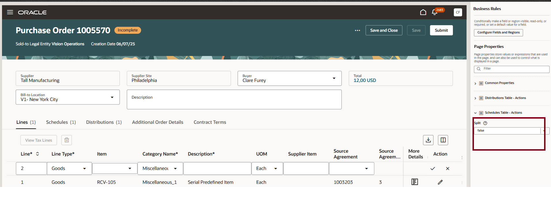 Split Action in Page Properties of VB Studio