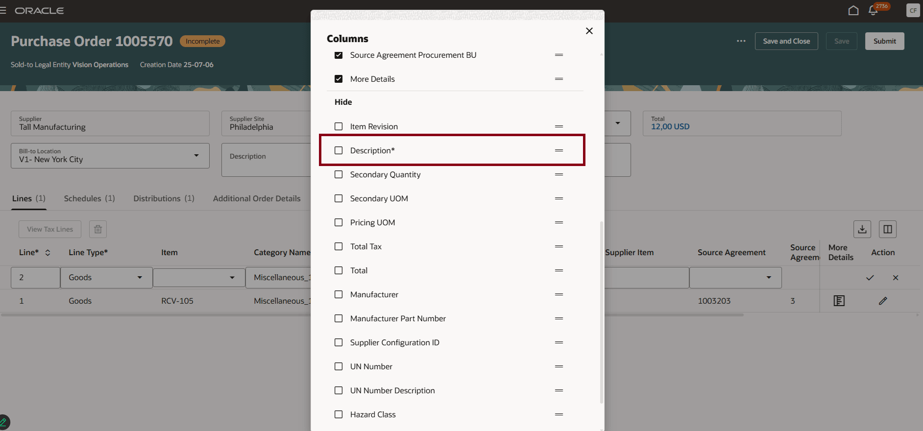 Description Attribute Displayed as Hidden by Default in Column Management